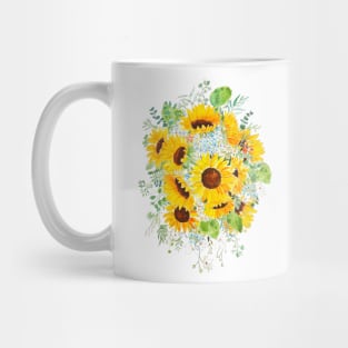 yellow sunflower blue hydrangea white orchid arrangement ink and watercolor Mug